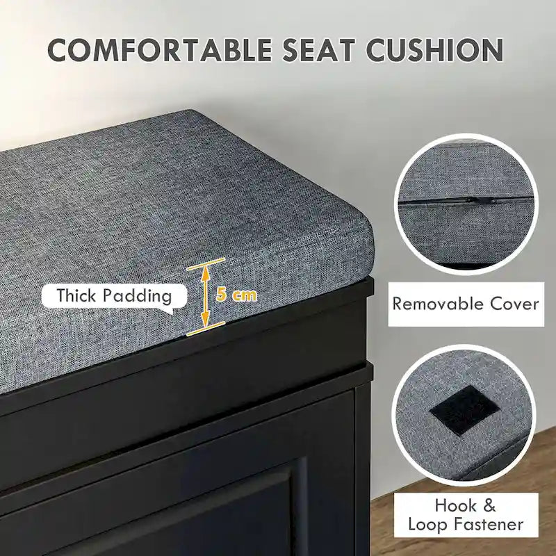 Banc de rangement pour chaussures blanc/gris/noir avec coussin et 2 tiroirs, 1 place
