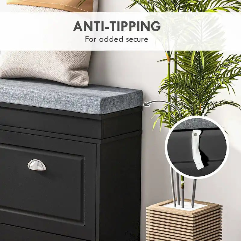 Banc de rangement pour chaussures blanc/gris/noir avec coussin et 2 tiroirs, 1 place