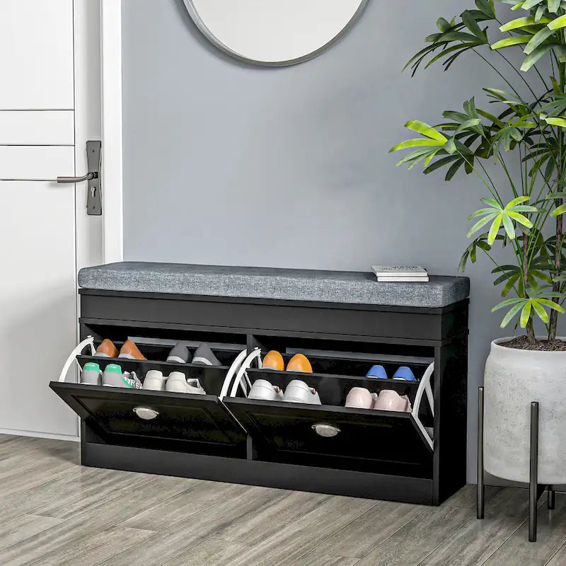 Banc de rangement pour chaussures blanc/gris/noir avec coussin et 2 tiroirs, 1 place