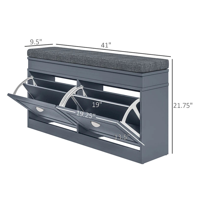 Banc de rangement pour chaussures blanc/gris/noir avec coussin et 2 tiroirs, 1 place