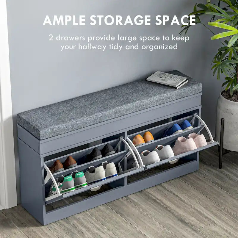 Banc de rangement pour chaussures blanc/gris/noir avec coussin et 2 tiroirs, 1 place