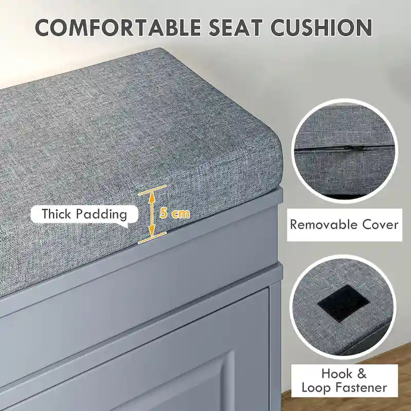 Banc de rangement pour chaussures blanc/gris/noir avec coussin et 2 tiroirs, 1 place