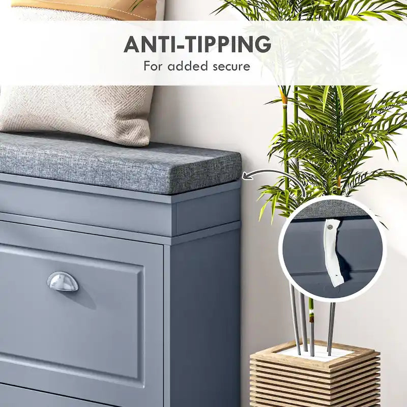 Banc de rangement pour chaussures blanc/gris/noir avec coussin et 2 tiroirs, 1 place