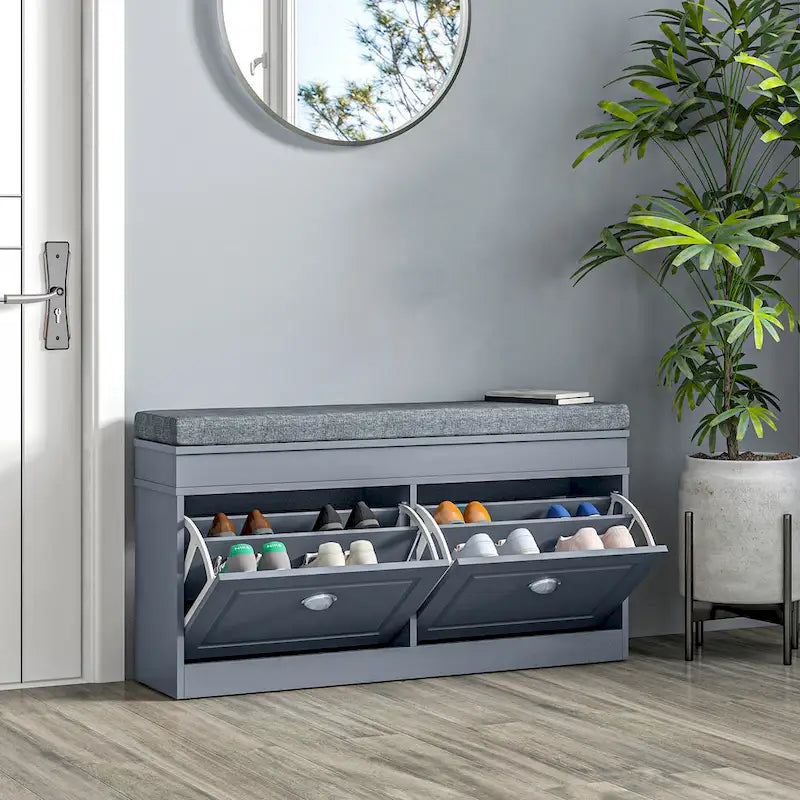Banc de rangement pour chaussures blanc/gris/noir avec coussin et 2 tiroirs, 1 place