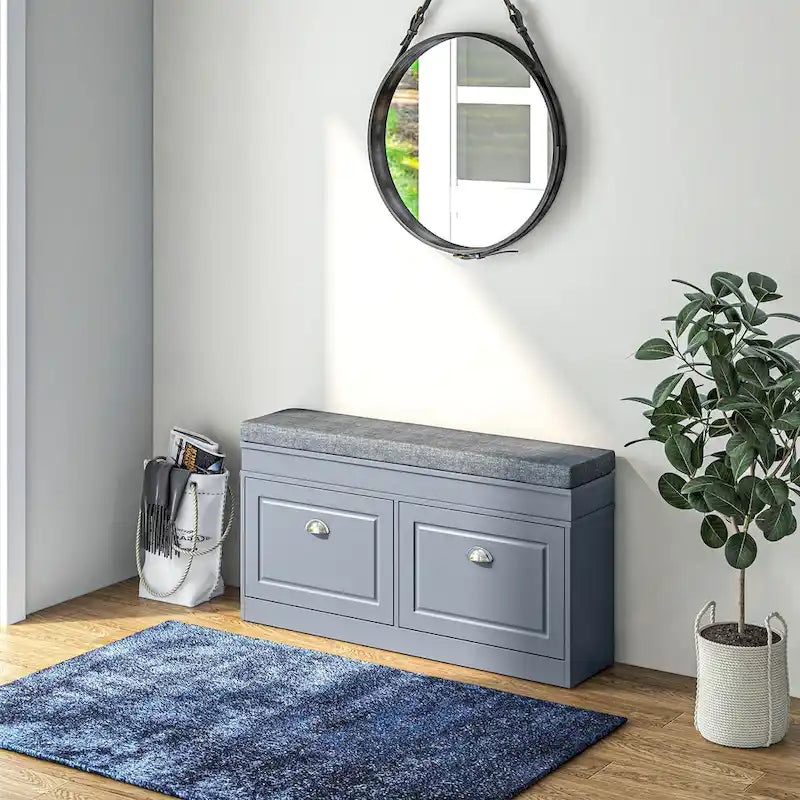 Banc de rangement pour chaussures blanc/gris/noir avec coussin et 2 tiroirs, 1 place