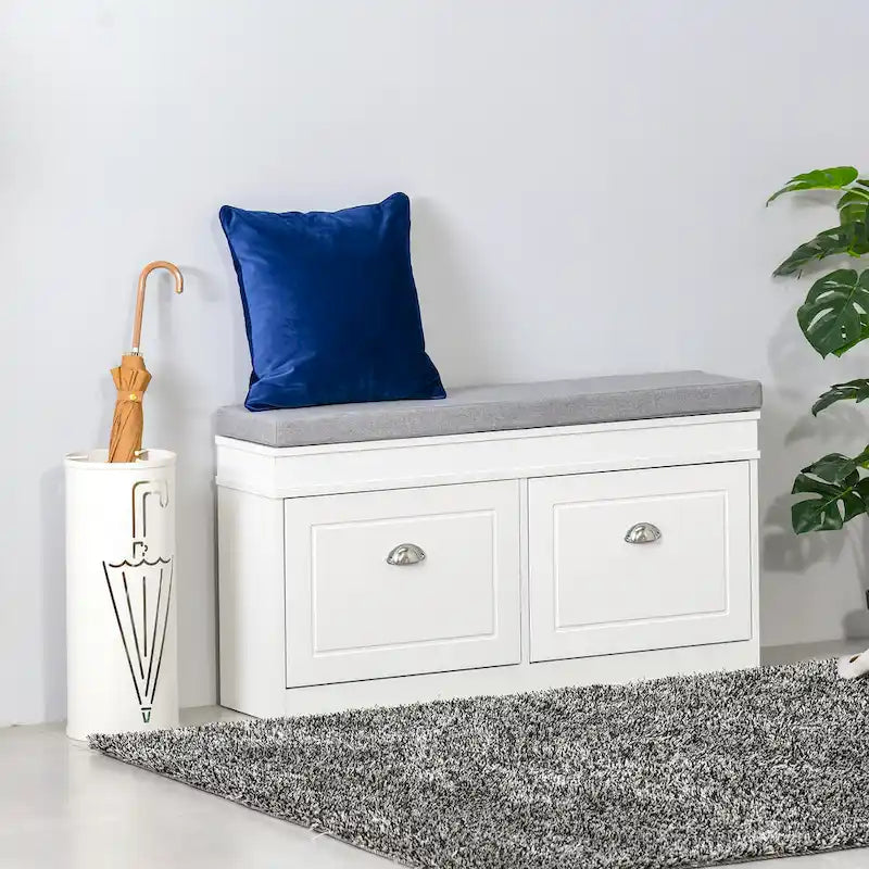 Banc de rangement pour chaussures blanc/gris/noir avec coussin et 2 tiroirs, 1 place