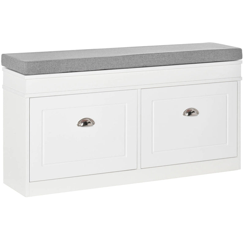Banc de rangement pour chaussures blanc/gris/noir avec coussin et 2 tiroirs, 1 place