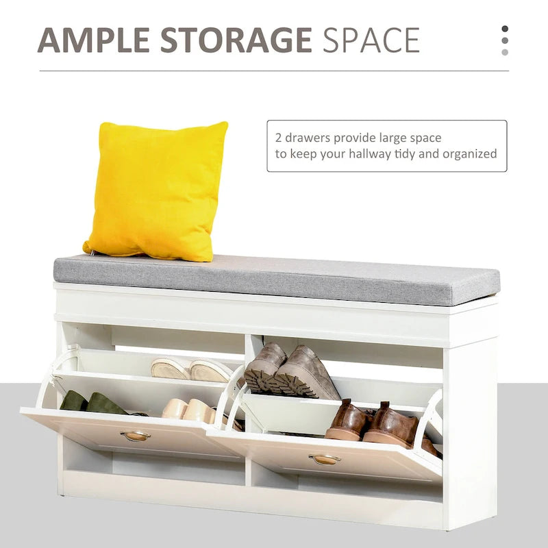 Banc de rangement pour chaussures blanc/gris/noir avec coussin et 2 tiroirs, 1 place