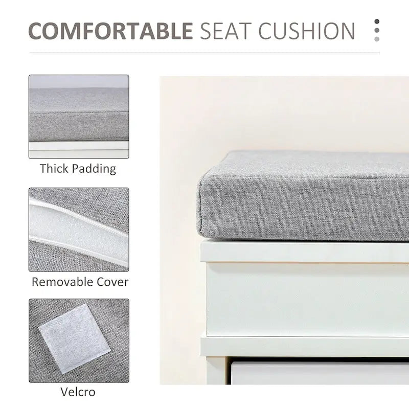Banc de rangement pour chaussures blanc/gris/noir avec coussin et 2 tiroirs, 1 place