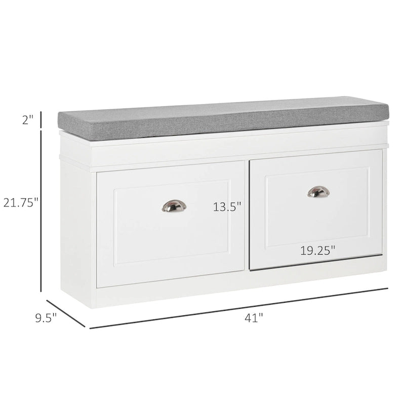 Banc de rangement pour chaussures blanc/gris/noir avec coussin et 2 tiroirs, 1 place