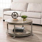 Table basse ronde en chêne brûlé, gris vieilli/blanchi à la chaux avec étagère, 1 à 2 places