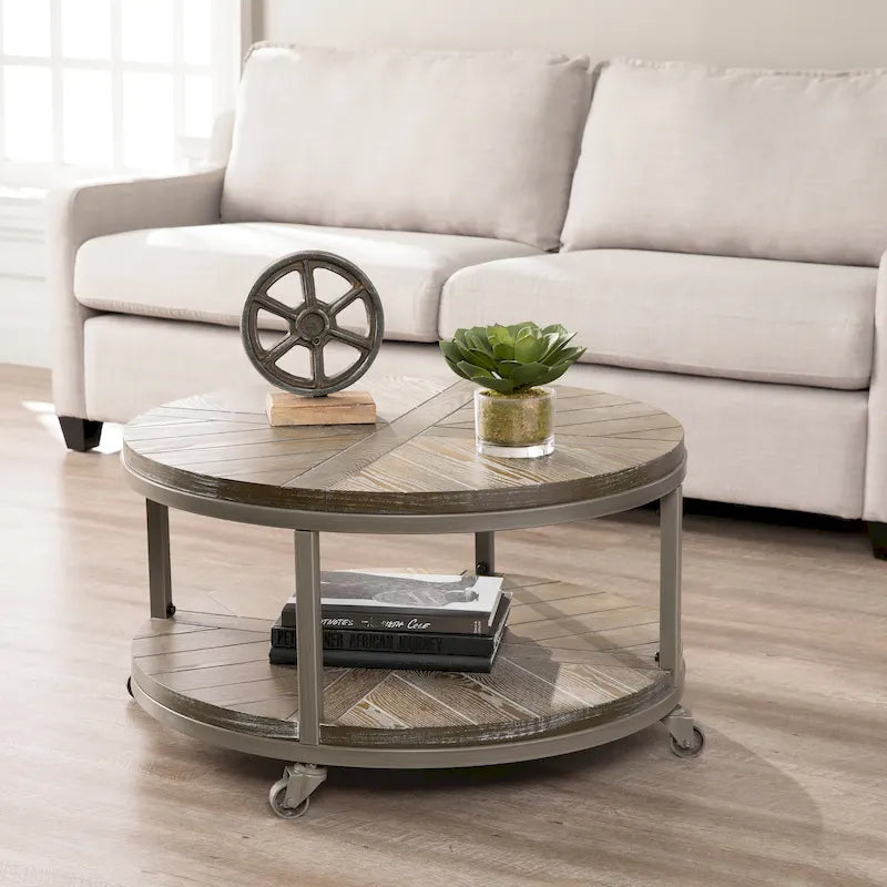 Table basse ronde en chêne brûlé, gris vieilli/blanchi à la chaux avec étagère, 1 à 2 places