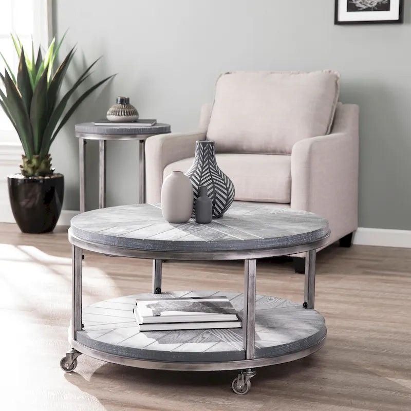 Table basse ronde en chêne brûlé, gris vieilli/blanchi à la chaux avec étagère, 1 à 2 places