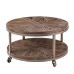 Table basse ronde en chêne brûlé, gris vieilli/blanchi à la chaux avec étagère, 1 à 2 places
