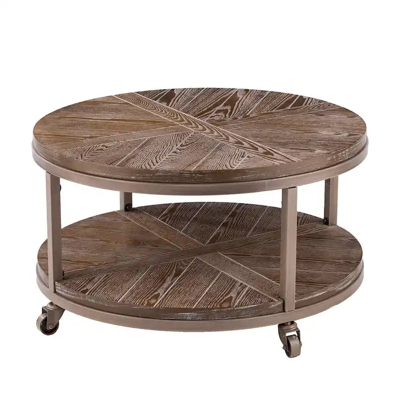 Table basse ronde en chêne brûlé, gris vieilli/blanchi à la chaux avec étagère, 1 à 2 places