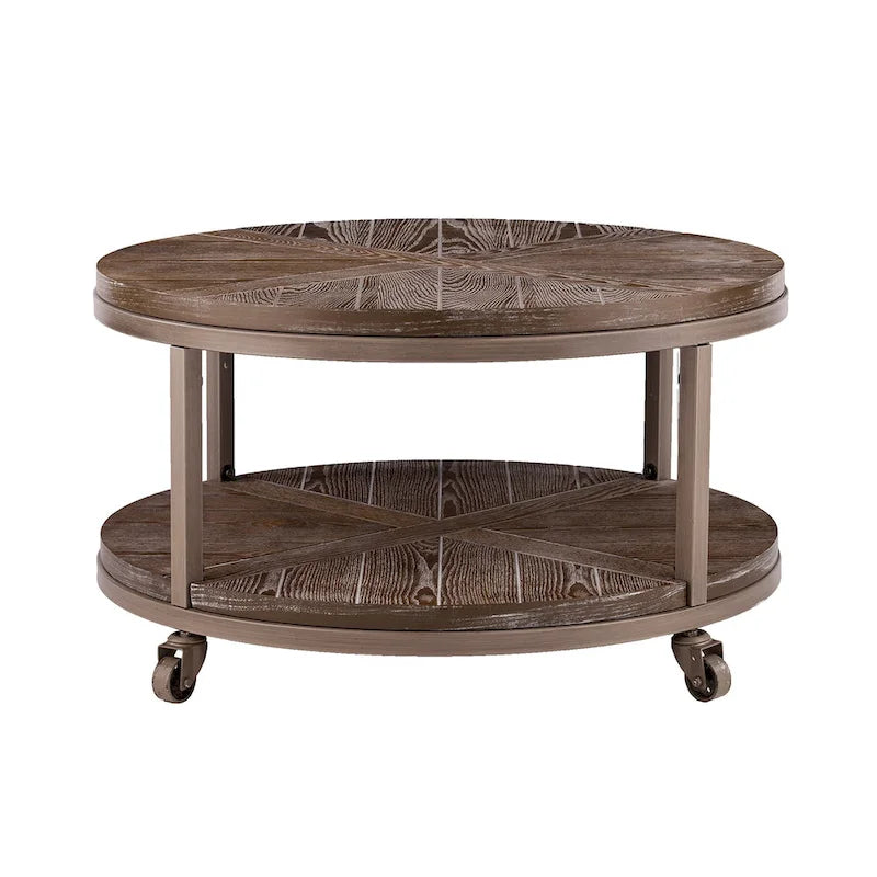 Table basse ronde en chêne brûlé, gris vieilli/blanchi à la chaux avec étagère, 1 à 2 places