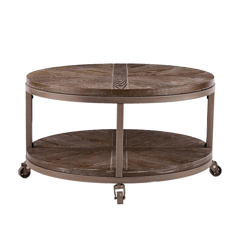 Table basse ronde en chêne brûlé, gris vieilli/blanchi à la chaux avec étagère, 1 à 2 places