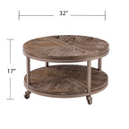 Table basse ronde en chêne brûlé, gris vieilli/blanchi à la chaux avec étagère, 1 à 2 places