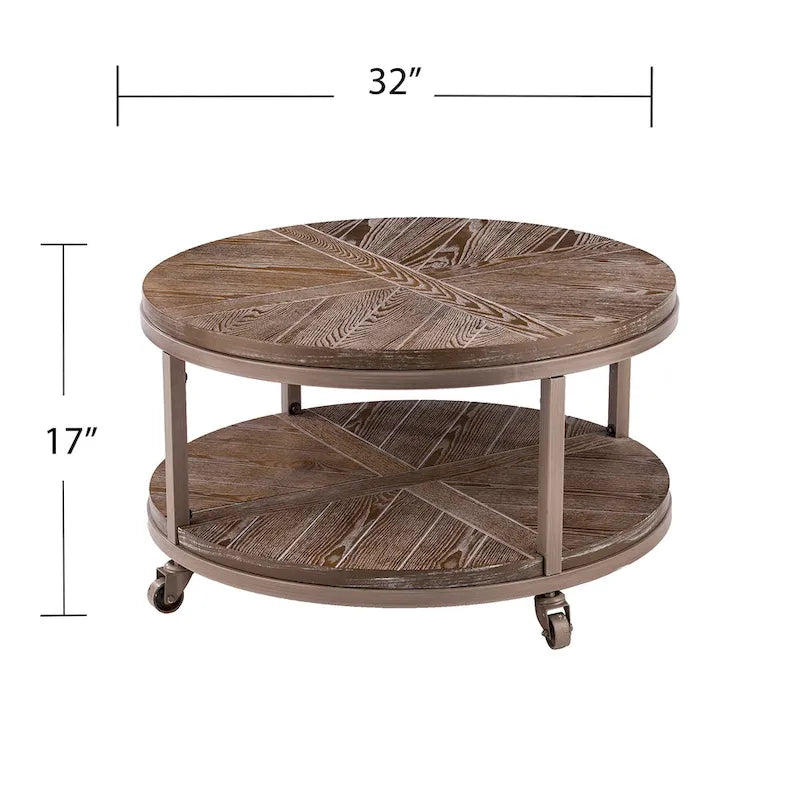 Table basse ronde en chêne brûlé, gris vieilli/blanchi à la chaux avec étagère, 1 à 2 places