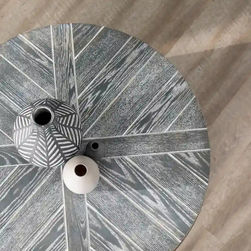 Table basse ronde en chêne brûlé, gris vieilli/blanchi à la chaux avec étagère, 1 à 2 places