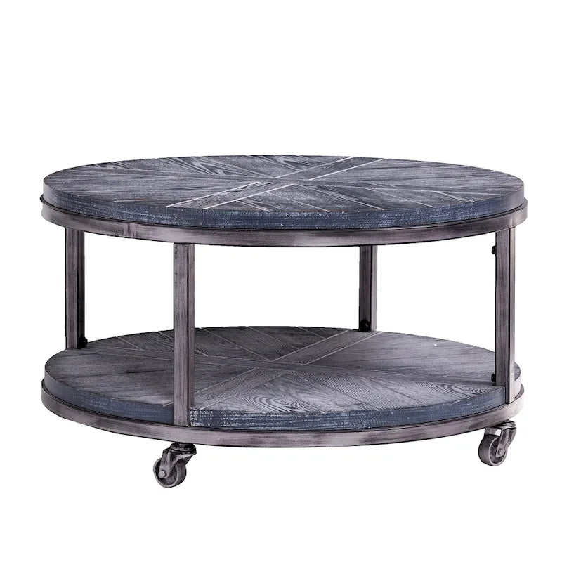 Table basse ronde en chêne brûlé, gris vieilli/blanchi à la chaux avec étagère, 1 à 2 places