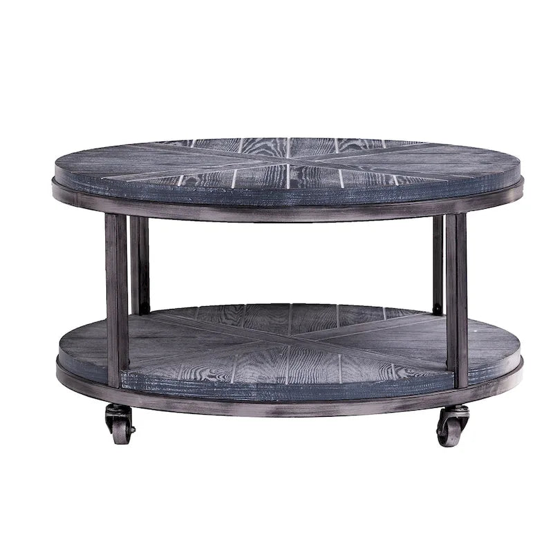 Table basse ronde en chêne brûlé, gris vieilli/blanchi à la chaux avec étagère, 1 à 2 places