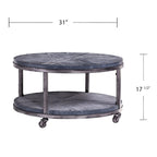 Table basse ronde en chêne brûlé, gris vieilli/blanchi à la chaux avec étagère, 1 à 2 places