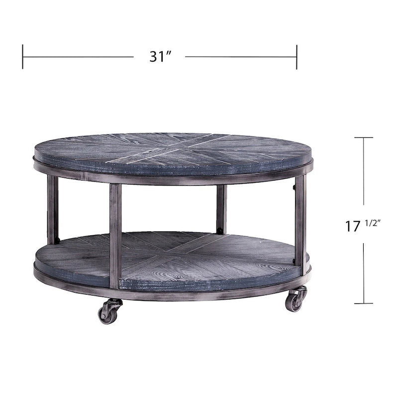 Table basse ronde en chêne brûlé, gris vieilli/blanchi à la chaux avec étagère, 1 à 2 places