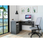 Bureau d'angle en L avec tiroirs, étagère et rangement pour unité centrale – Marron / Noir / Gris