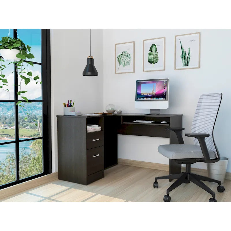 Bureau d'angle en L avec tiroirs, étagère et rangement pour unité centrale – Marron / Noir / Gris