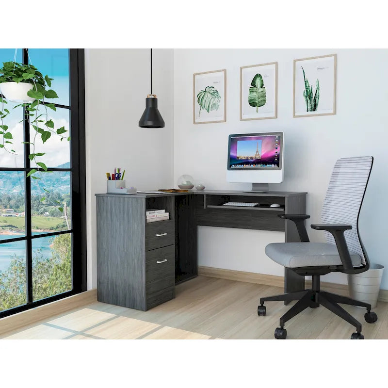 FM Furniture Raleigh L-Shaped Desk with Two Drawers, One Shelf and CPU Storage