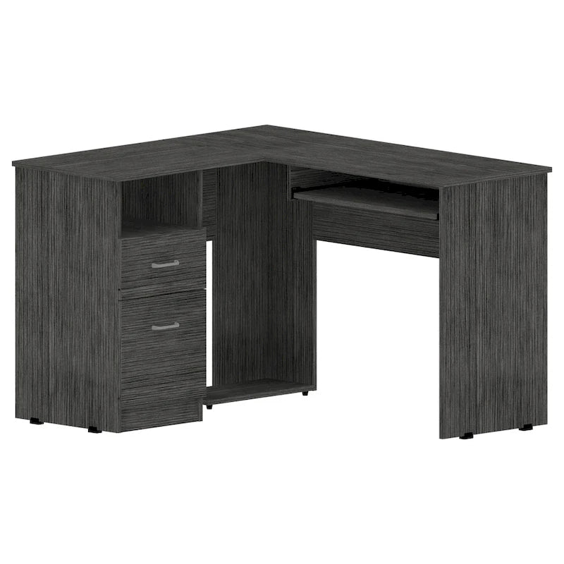 Bureau d'angle en L avec tiroirs, étagère et rangement pour unité centrale – Marron / Noir / Gris
