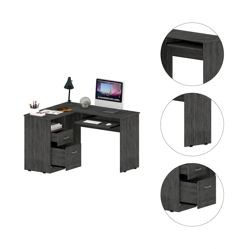 Bureau d'angle en L avec tiroirs, étagère et rangement pour unité centrale – Marron / Noir / Gris