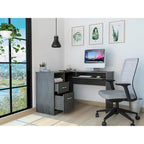Bureau d'angle en L avec tiroirs, étagère et rangement pour unité centrale – Marron / Noir / Gris