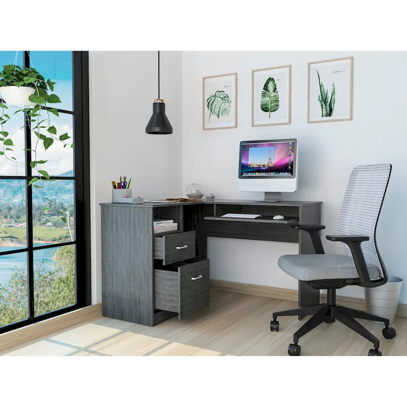 Bureau d'angle en L avec tiroirs, étagère et rangement pour unité centrale – Marron / Noir / Gris