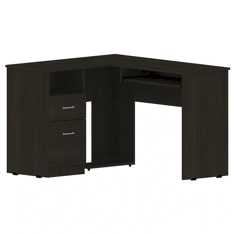 Bureau d'angle en L avec tiroirs, étagère et rangement pour unité centrale – Marron / Noir / Gris