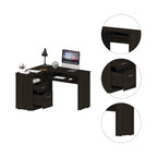 Bureau d'angle en L avec tiroirs, étagère et rangement pour unité centrale – Marron / Noir / Gris