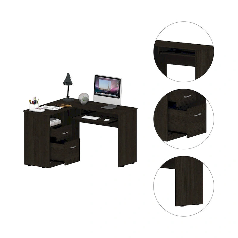 Bureau d'angle en L avec tiroirs, étagère et rangement pour unité centrale – Marron / Noir / Gris