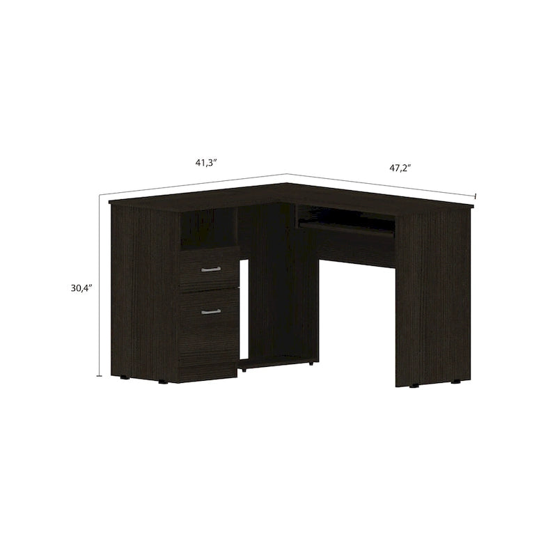 Bureau d'angle en L avec tiroirs, étagère et rangement pour unité centrale – Marron / Noir / Gris