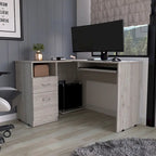 Bureau d'angle en L avec tiroirs, étagère et rangement pour unité centrale – Marron / Noir / Gris