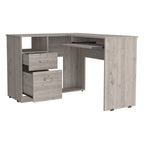 Bureau d'angle en L avec tiroirs, étagère et rangement pour unité centrale – Marron / Noir / Gris