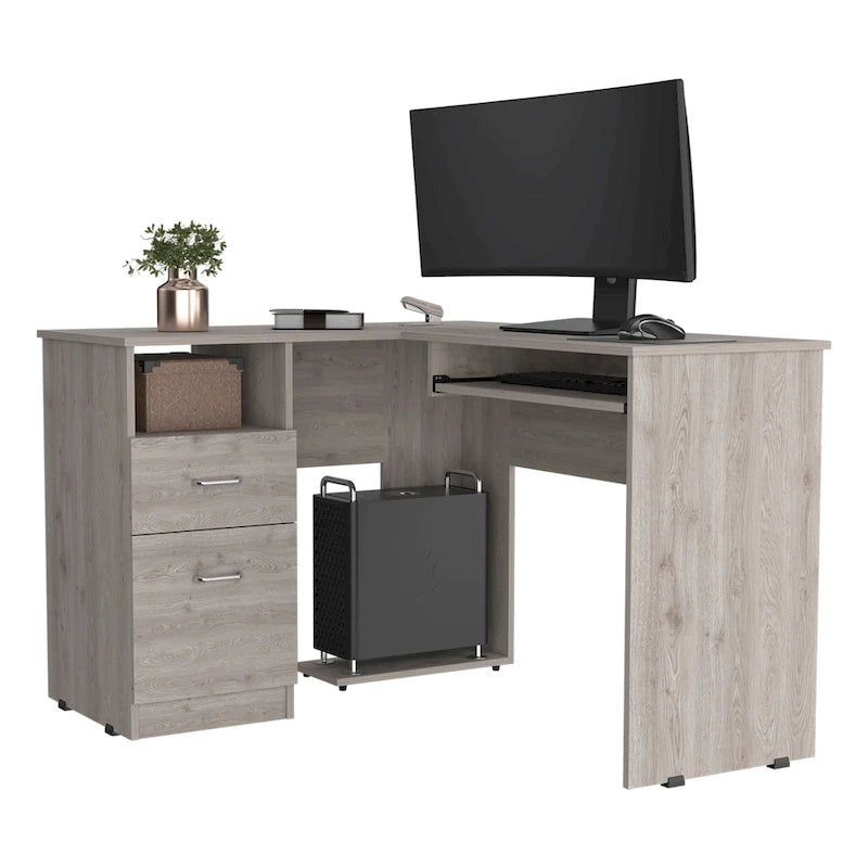 Bureau d'angle en L avec tiroirs, étagère et rangement pour unité centrale – Marron / Noir / Gris