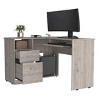 Bureau d'angle en L avec tiroirs, étagère et rangement pour unité centrale – Marron / Noir / Gris