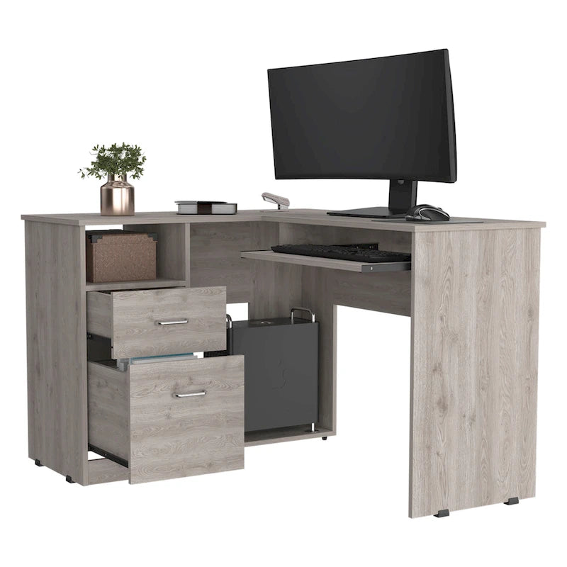 Bureau d'angle en L avec tiroirs, étagère et rangement pour unité centrale – Marron / Noir / Gris