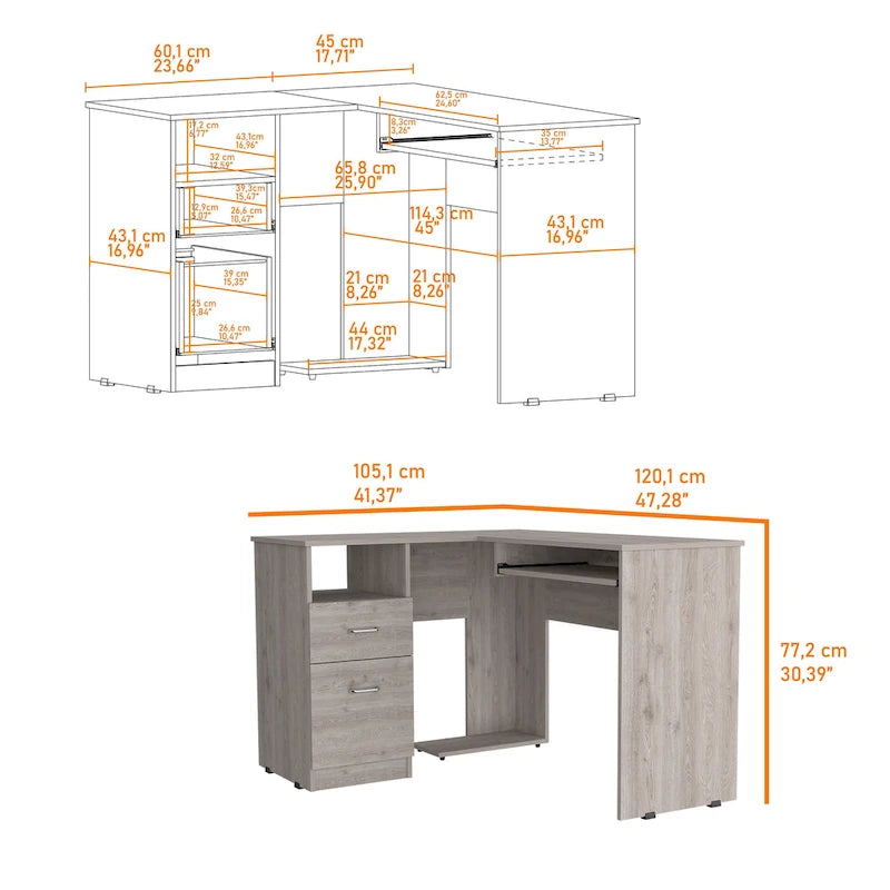 Bureau d'angle en L avec tiroirs, étagère et rangement pour unité centrale – Marron / Noir / Gris