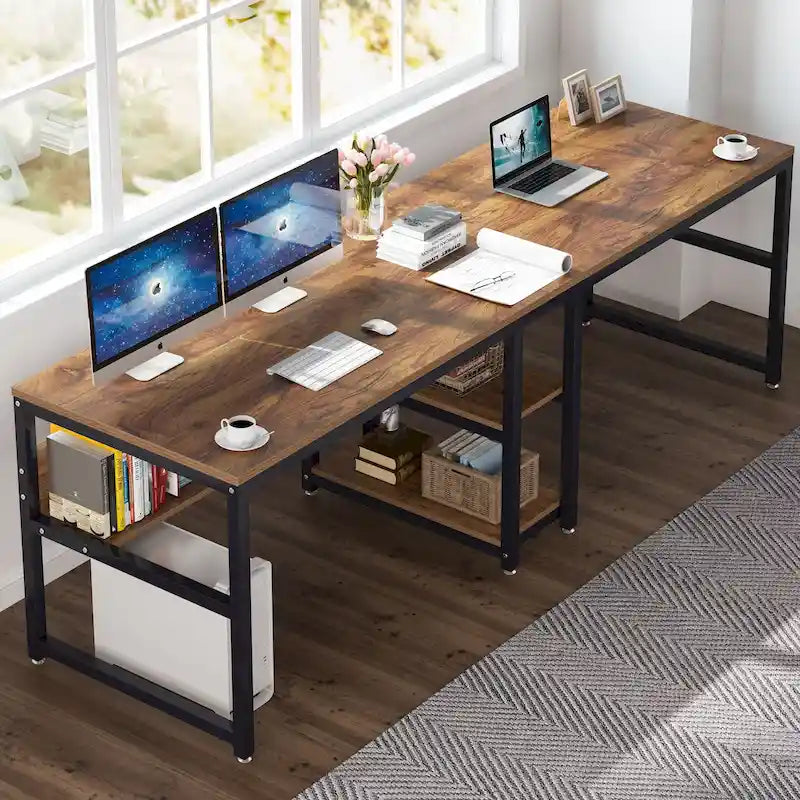 Bureau double poste de travail marron/blanc/noir/gris de 200 cm avec étagères de rangement pour 2 personnes