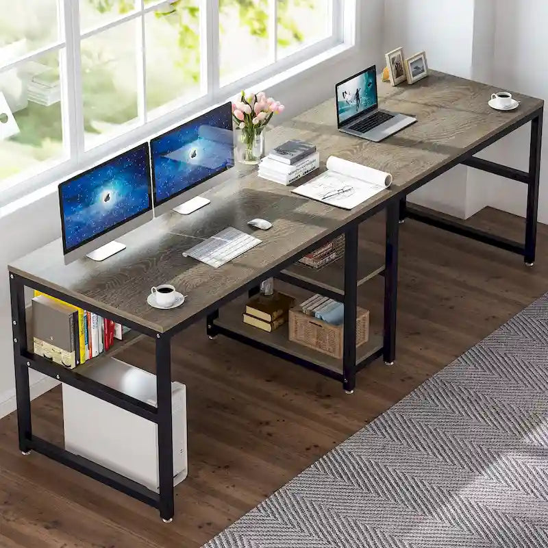 Bureau double poste de travail marron/blanc/noir/gris de 200 cm avec étagères de rangement pour 2 personnes
