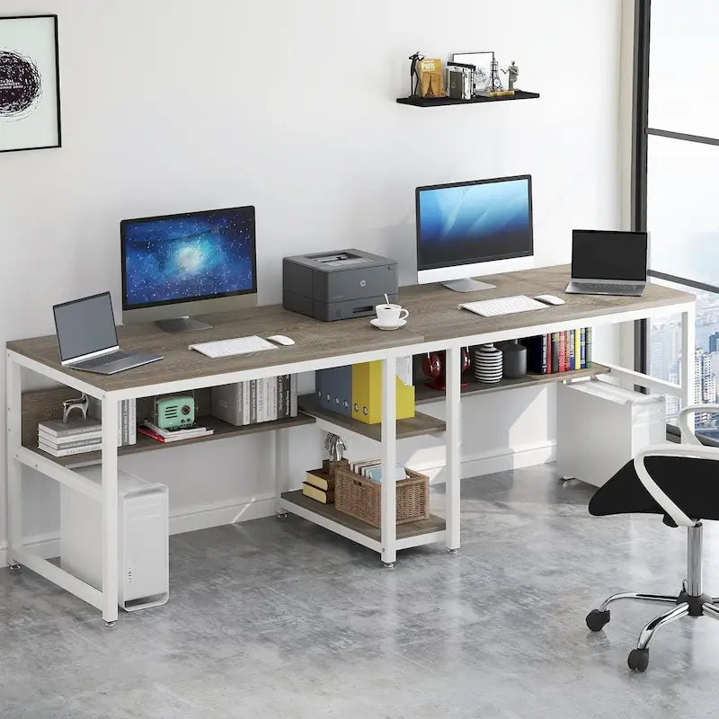 Bureau double poste de travail marron/blanc/noir/gris de 200 cm avec étagères de rangement pour 2 personnes