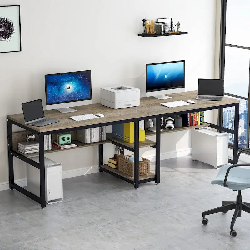Bureau double poste de travail marron/blanc/noir/gris de 200 cm avec étagères de rangement pour 2 personnes