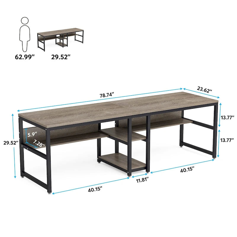 Bureau double poste de travail marron/blanc/noir/gris de 200 cm avec étagères de rangement pour 2 personnes
